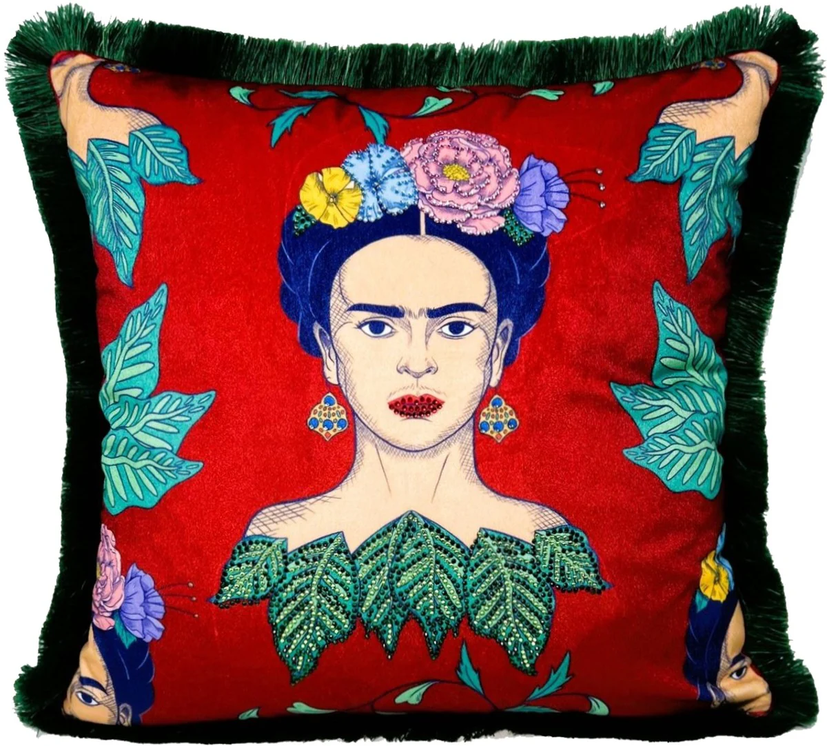 Frida Kahlo by Luxus Deko Kissen mit Strass Steinen Rot / Bunt