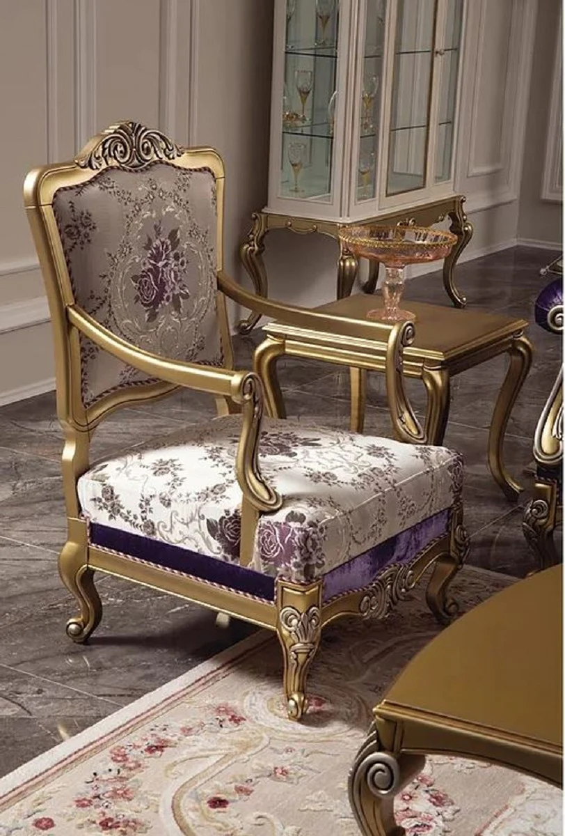 Luxus Barock Wohnzimmer Set Lila / Gold / Silber - 2 Barock Sofas & 2 Barock Sessel & 1 Barock Couchtisch - Wohnzimmer Möbel im Barockstil - Barock Möbel - Barock Einrichtung