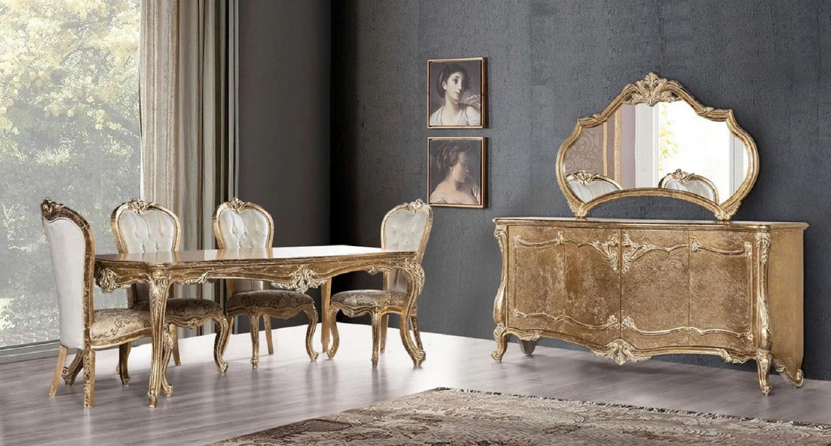 Luxus Barock Esszimmerstuhl Set Weiß / Gold / Antik Gold - Handgefertigtes Küchen Stühle 6er Set mit elegantem Muster - Barock Esszimmer Möbel - Edel & Prunkvoll