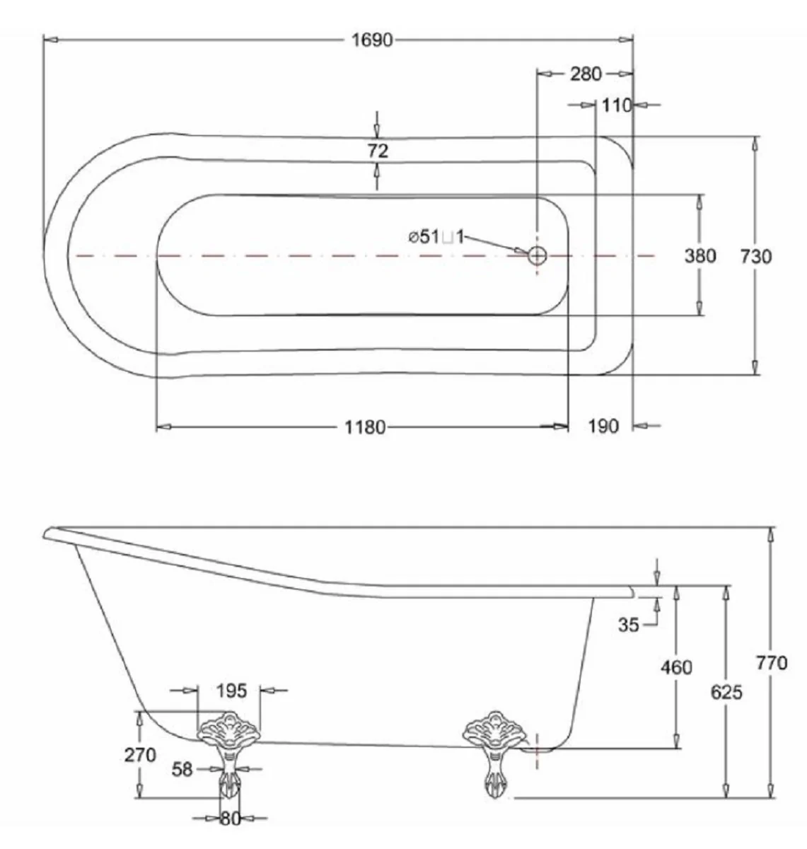 Luxus Jugendstil Badewanne Weiß / Silber 169 x 73 x H. 77 cm - Freistehende Retro Acryl Badewanne - Retro Badezimmer Möbel
