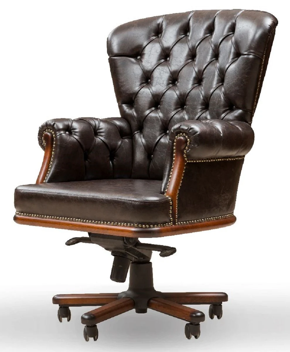 Luxus Chesterfield Schreibtischstuhl Vintage Schwarz / Braun 84 x 93 x H. 114 cm - Höhenverstellbarer Kunstleder Bürostuhl - Büro Möbel - Chesterfield Möbel - Luxus Möbel