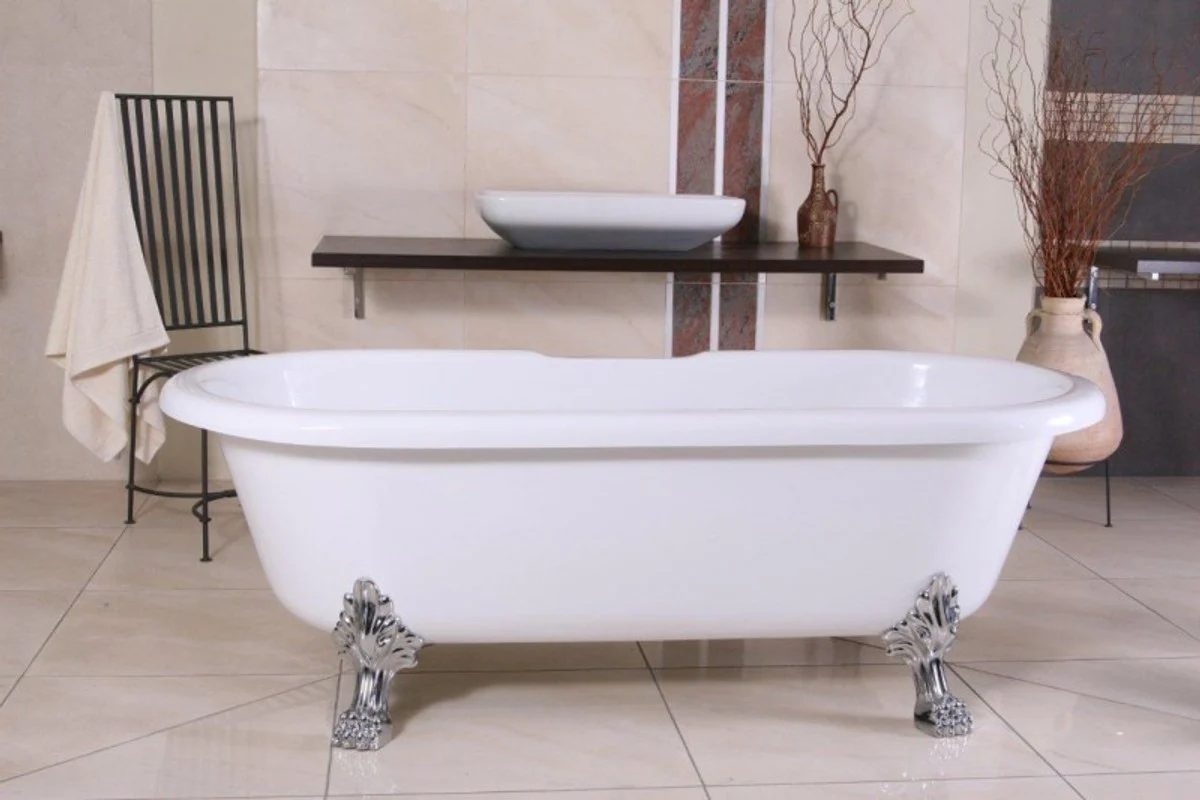Freistehende Luxus Badewanne Jugendstil Milano Weiß/Silber - Barock Badezimmer