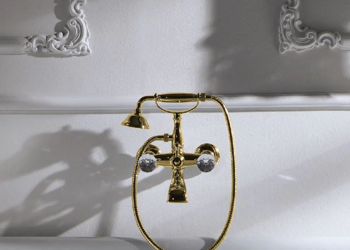 Luxus Jugendstil Badarmatur mit Schlauch und Handbrause Gold - Badewannen Armatur mit Swarovski Kristallglas - Nostalgisches Bad Zubehör - Wannenbatterie