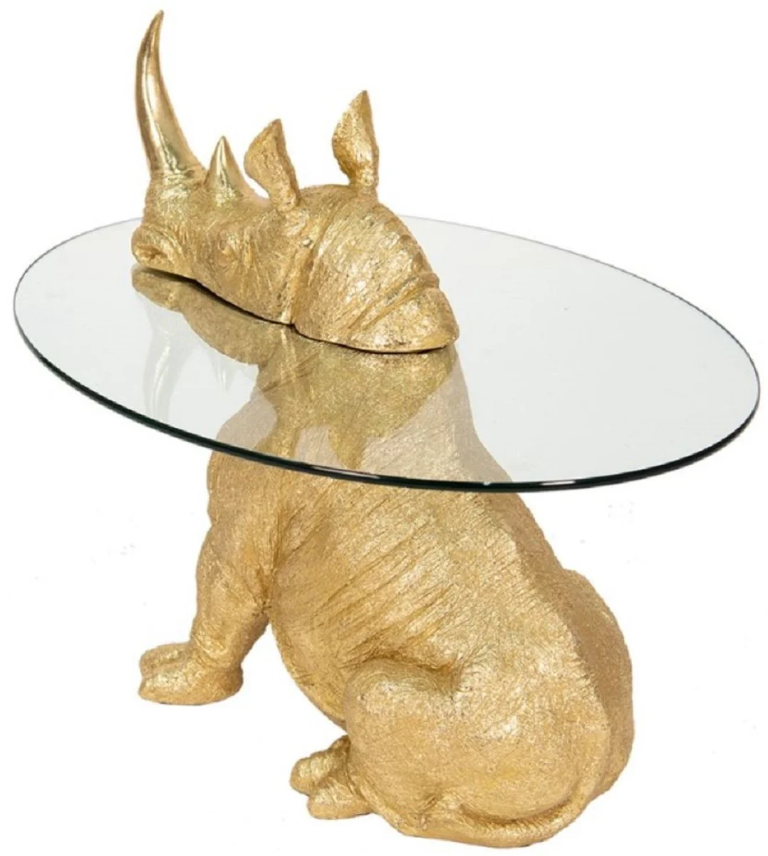 Luxus Beistelltisch Nashorn Gold Ø 65 x H. 55 cm - Runder Kunstharz Tisch mit Glasplatte - Wohnzimmer Möbel - Luxus Möbel - Luxus Einrichtung - Wohnzimmer Einrichtung