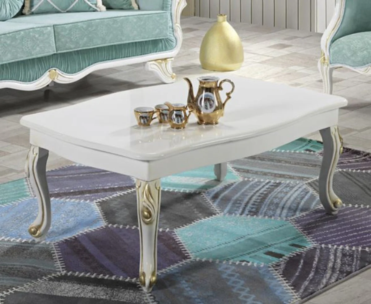 Barock Couchtisch Weiß / Gold 105 x 74 x H. 46 cm - Rechteckiger Wohnzimmertisch im Barockstil - Barock Möbel