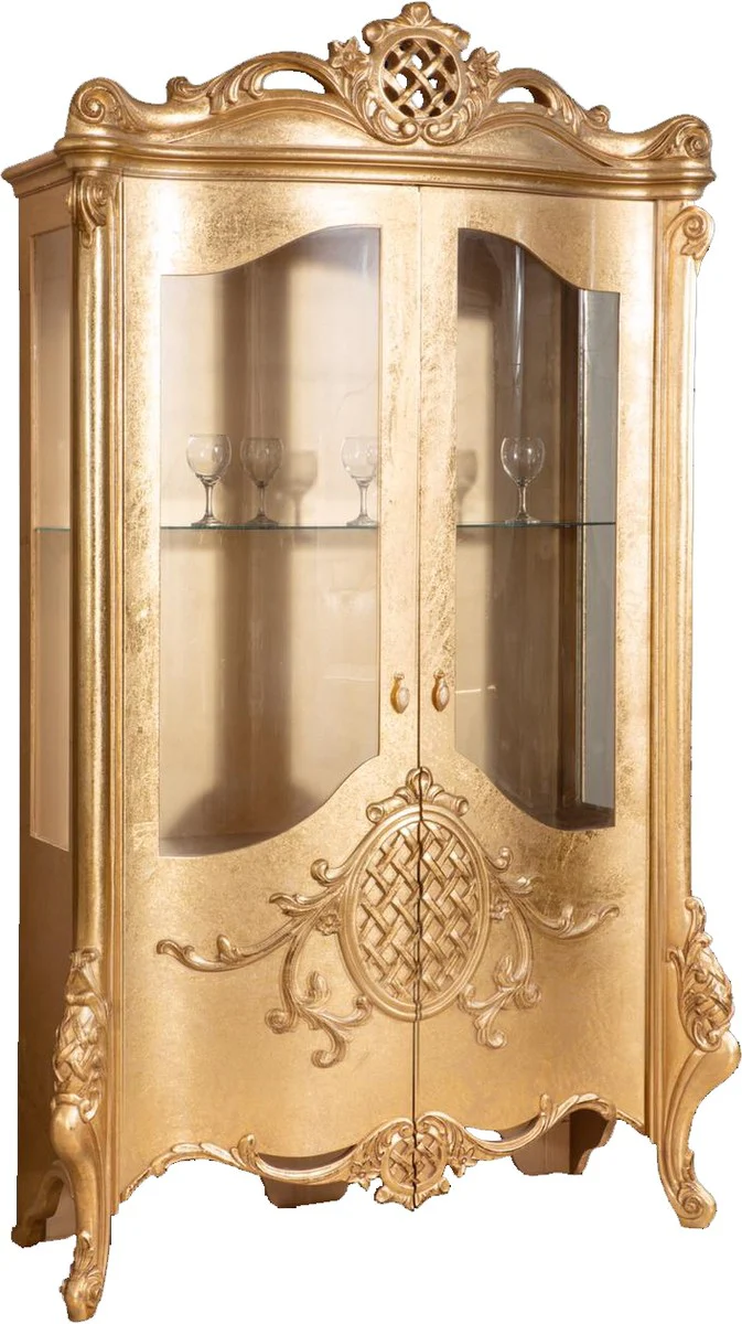 Luxus Barock Vitrine Gold 130 x 50 x H. 222 cm - Prunkvoller Barock Vitrinenschrank mit 2 Türen - Wohnzimmerschrank - Barock Wohnzimmermöbel