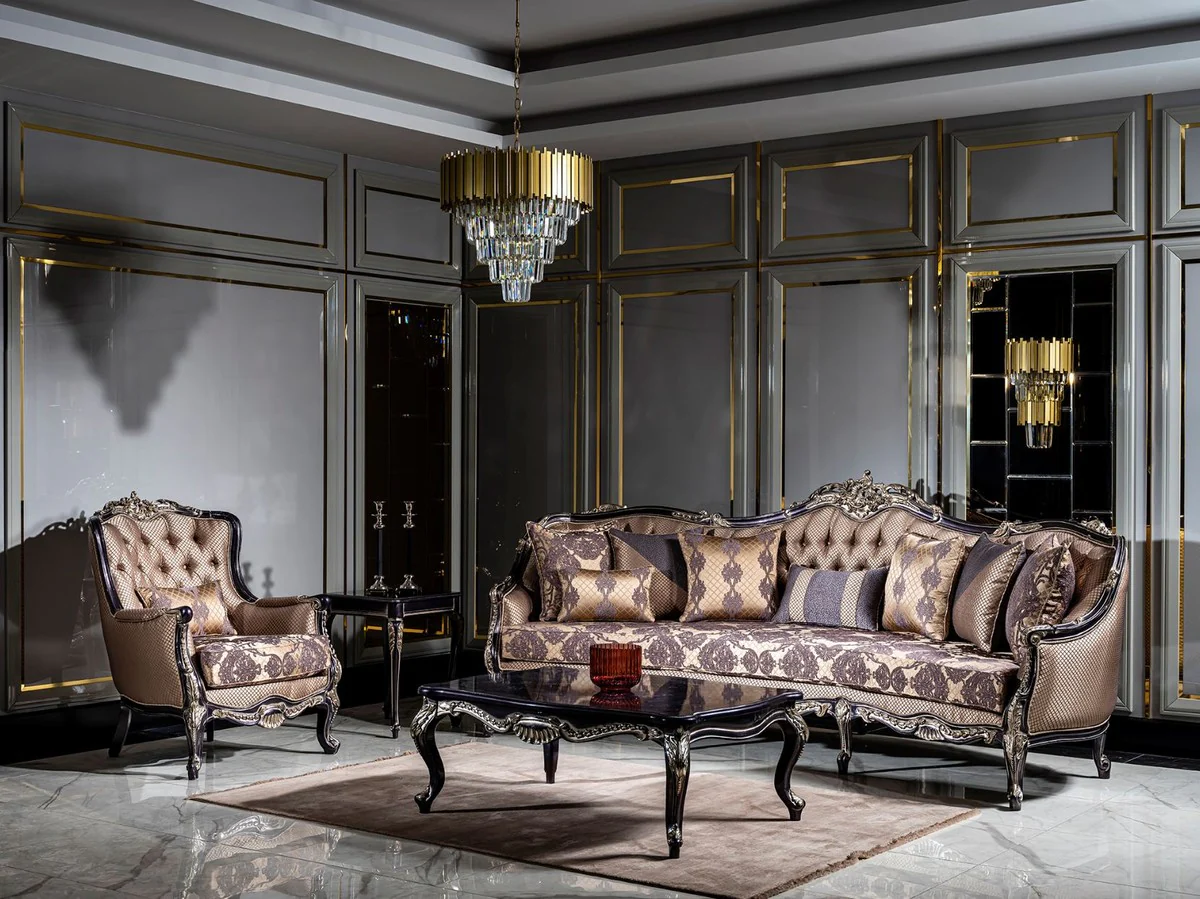 Luxus Barock Sofa Gold / Lila - Prunkvolles Wohnzimmer Sofa mit elegantem Muster und dekorativen Kissen - Wohnzimmer Möbel im Barockstil