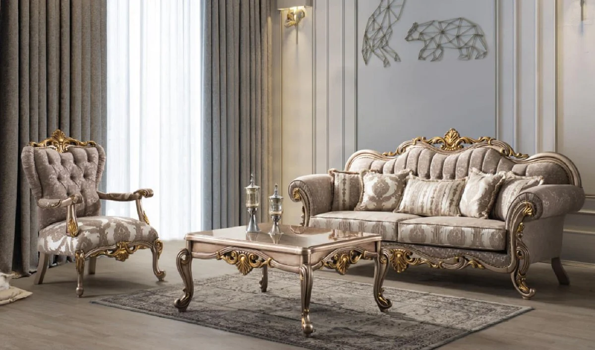 Luxus Barock Wohnzimmer Set Grau / Silbergrau / Gold - 2 Sofas & 2 Sessel & 1 Couchtisch - Handgefertigte Wohnzimmer Möbel im Barockstil - Edel & Prunkvoll