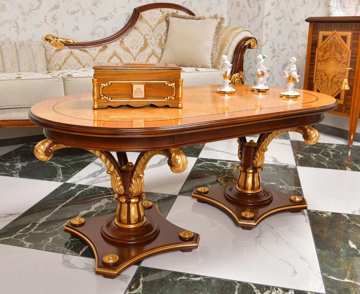 Luxus Barock Couchtisch Naturfarben / Braun / Gold 125 cm - Barock Möbel - Made in Italy