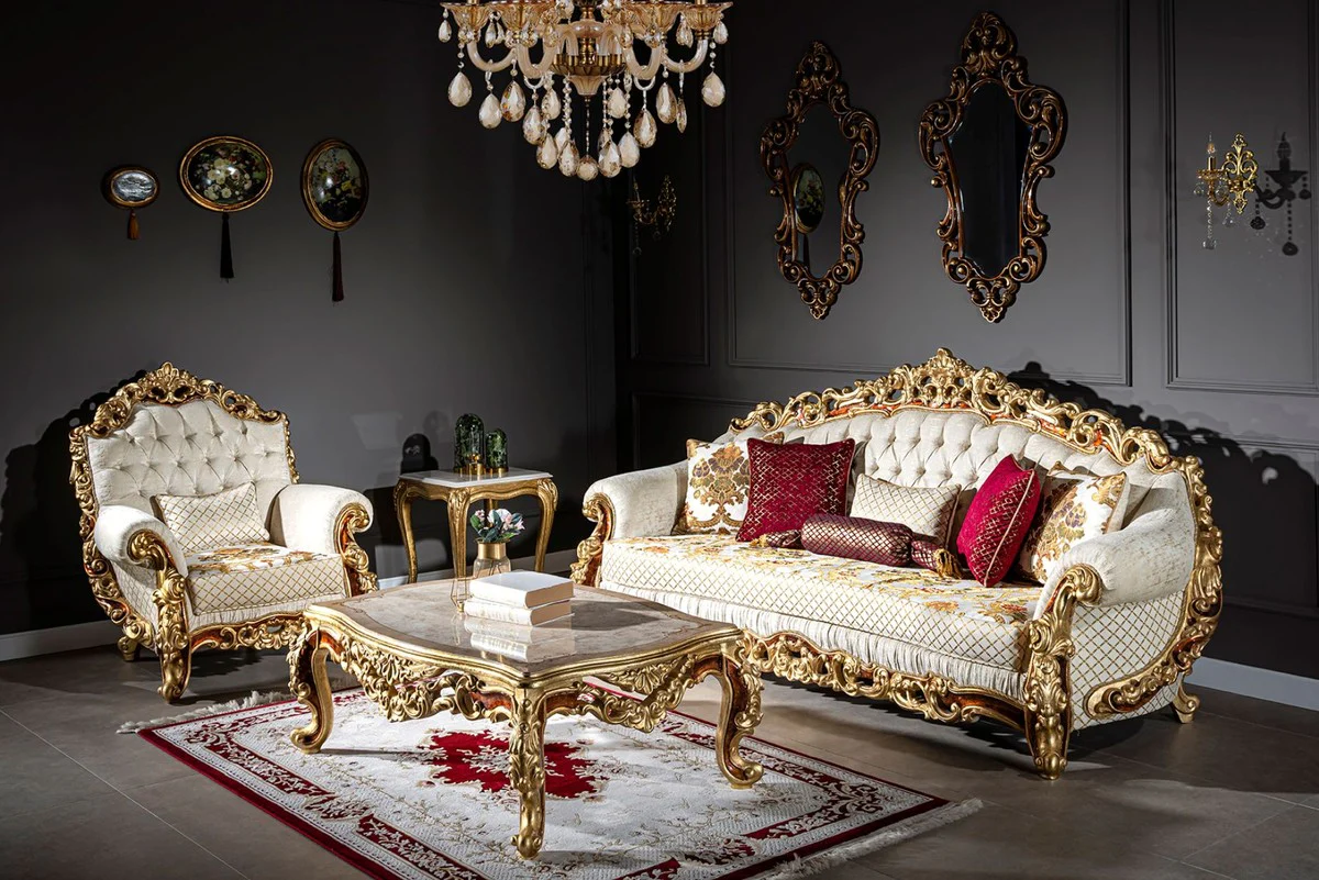 Luxus Barock Couchtisch Creme / Beige / Braun / Gold 120 x 82 x H. 47 cm - Edler Massivholz Wohnzimmertisch im Barockstil - Prunkvolle Barock Möbel
