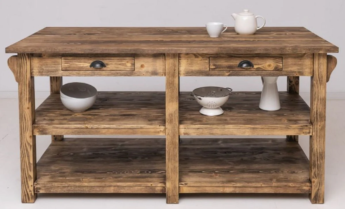 Landhausstil Kücheninsel Braun 180 x 85 x H. 90 cm - Massivholz Kücheninsel mit 4 Schubladen - Esszimmer Möbel - Küchen Möbel - Landhausstil Möbel