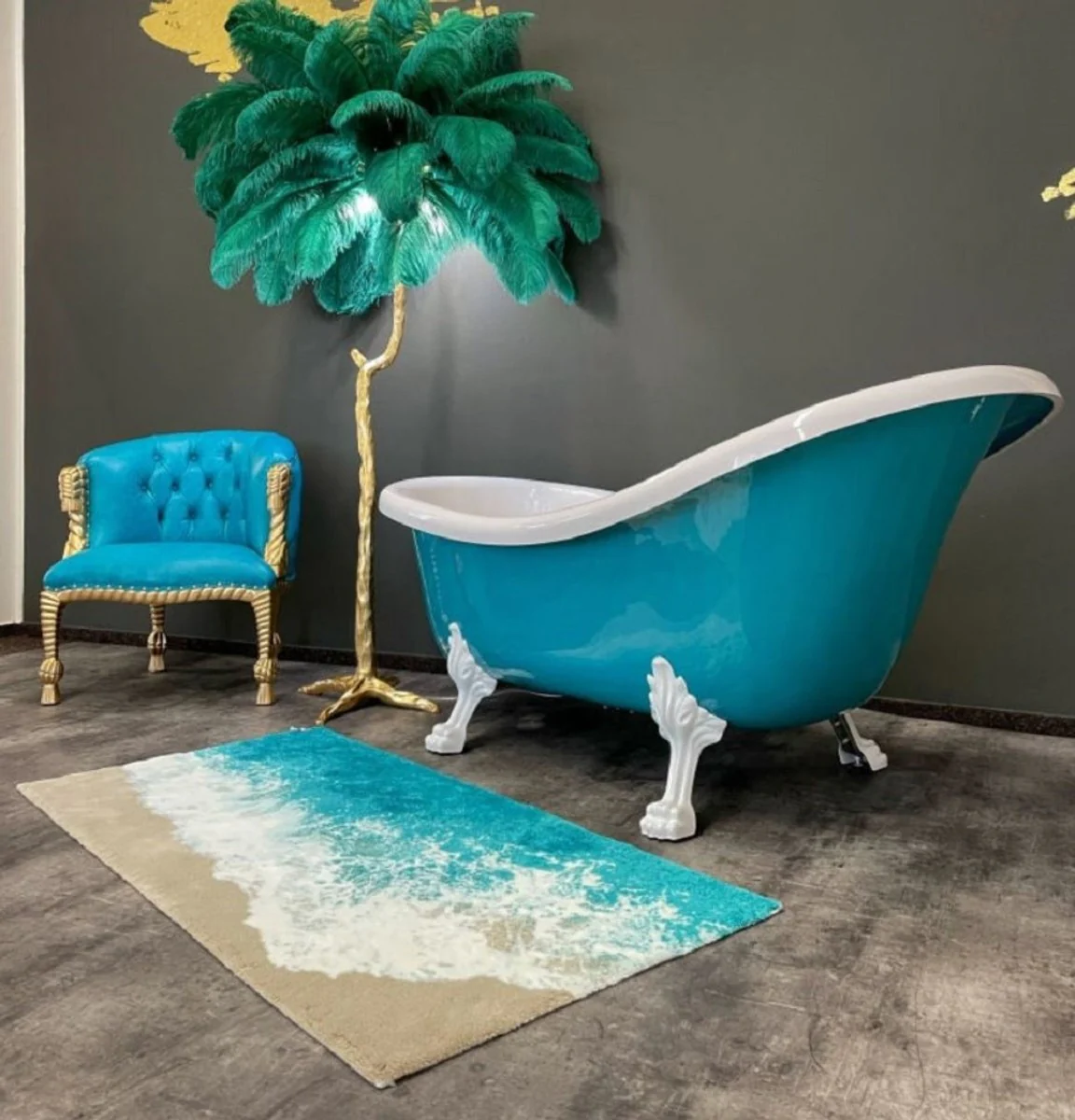 Luxus Jugendstil Badewanne Türkis / Weiß 174 x 83 x H. 81 cm - Freistehende Retro Badewanne mit Löwenfüßen - Retro Badezimmer Möbel