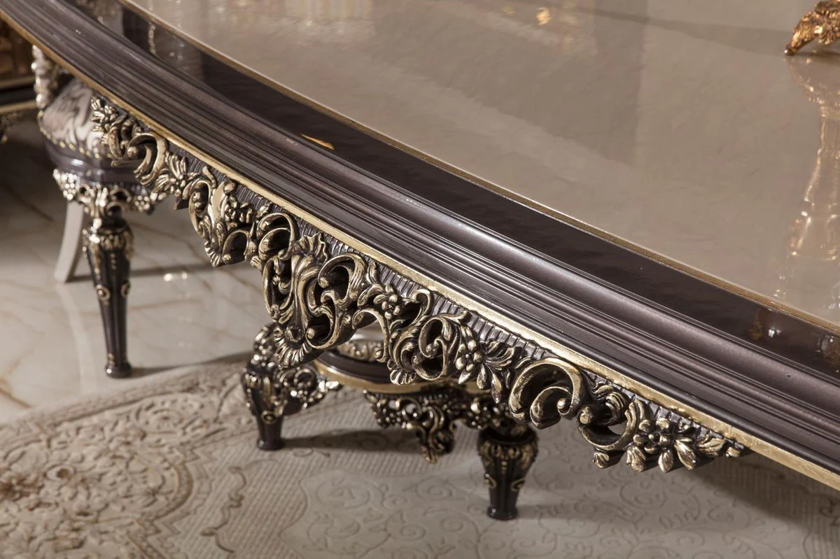 Luxus Barock Esstisch Grau / Braun / Gold - Prunkvoller Massivholz Esszimmertisch im Barockstil - Barock Esszimmer Möbel - Edel & Prunkvoll
