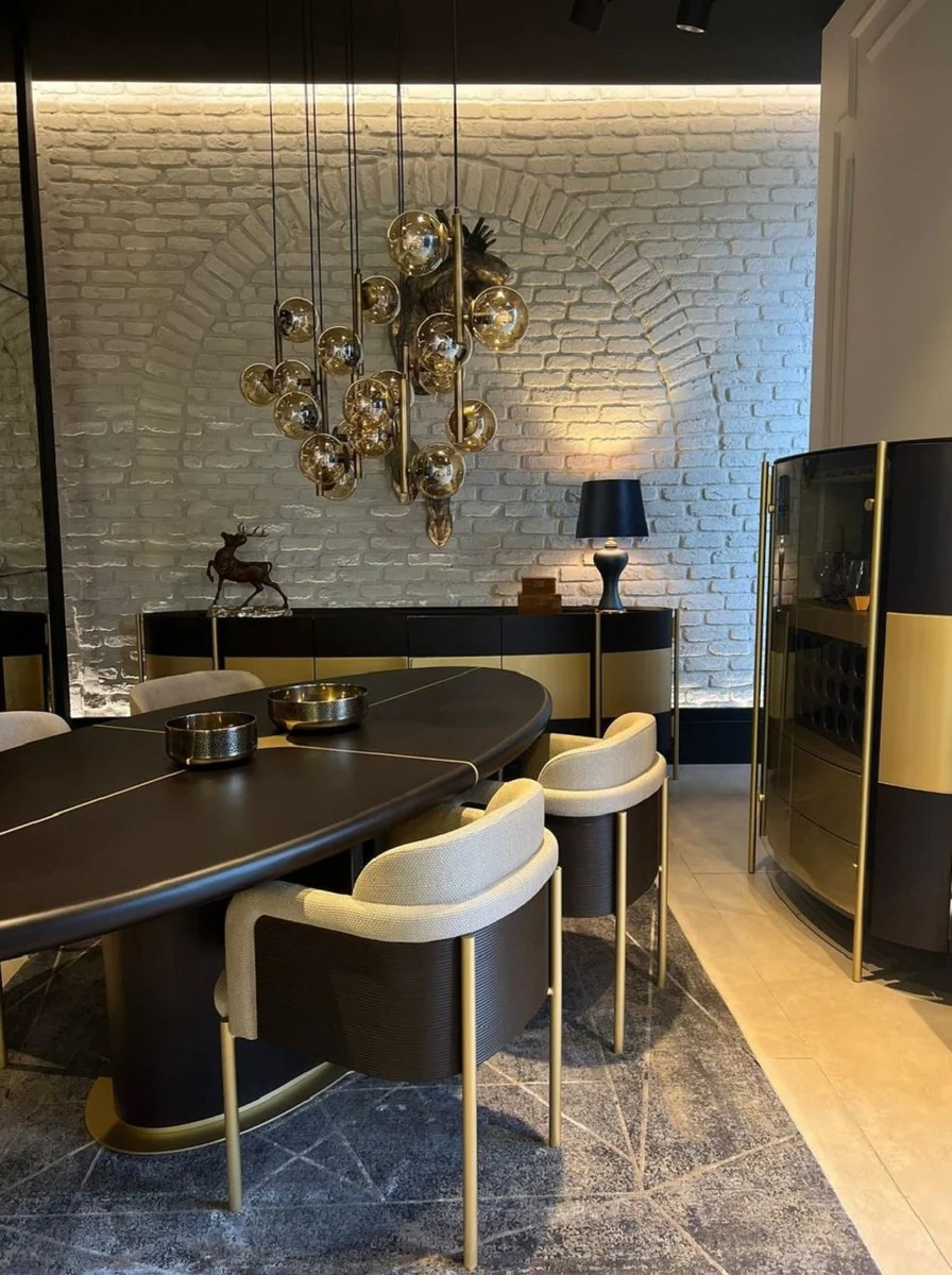 Luxus Barschrank Dunkelbraun / Messing 128 x 47 x H. 150 cm - Beleuchteter Massivholz Weinschrank mit 4 Türen - Wohnzimmer Möbel - Bar Möbel - Hotel Möbel - Luxus Kollektion