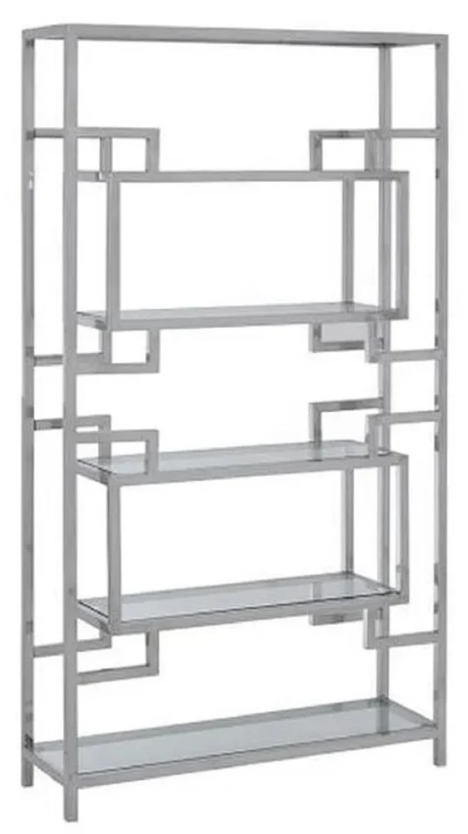 Regalschrank mit Glasregalen Silber 100 x 30 x H. 180 cm - Bücherschrank - Wohnzimmer Schrank - Büro Schrank - Wohnzimmer Möbel - Büro Möbel - Luxus Möbel