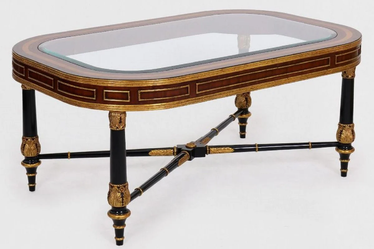 Luxus Barock Couchtisch Braun / Schwarz / Gold 122 x 81 x H. 56 cm - Edler Massivholz Wohnzimmertisch mit Glasplatte - Barock Möbel
