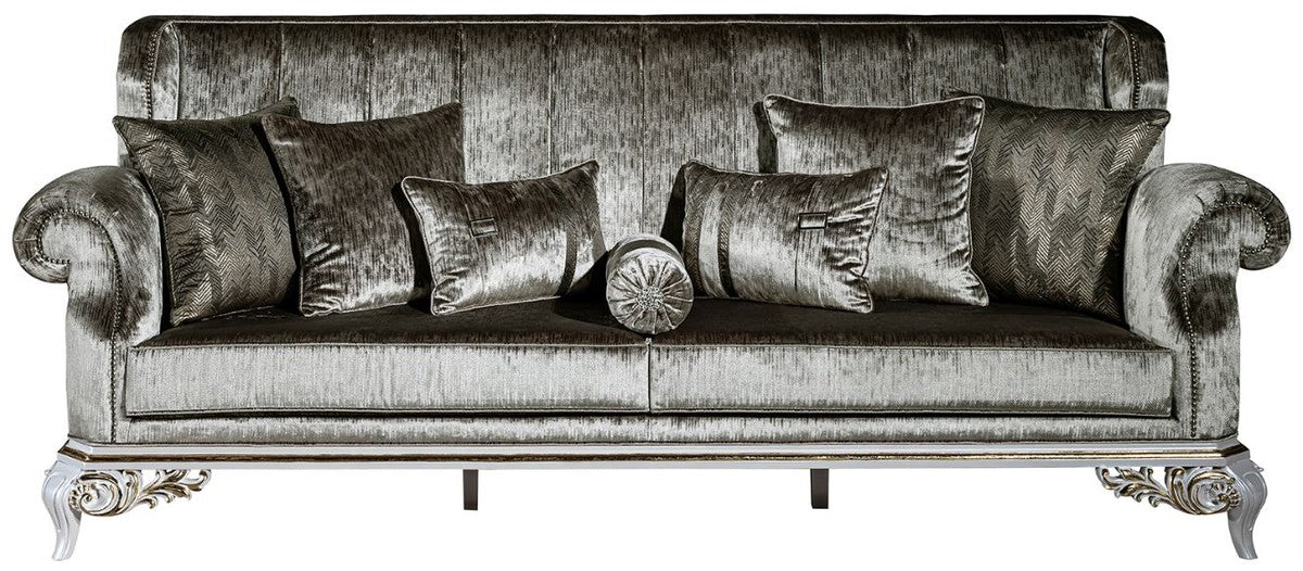 Luxus Barock Sofa Grün / Weiß / Gold 230 x 85 x H. 104 cm - Prunkvolles Wohnzimmer Sofa mit dekorativen Kissen - Edel & Prunkvoll