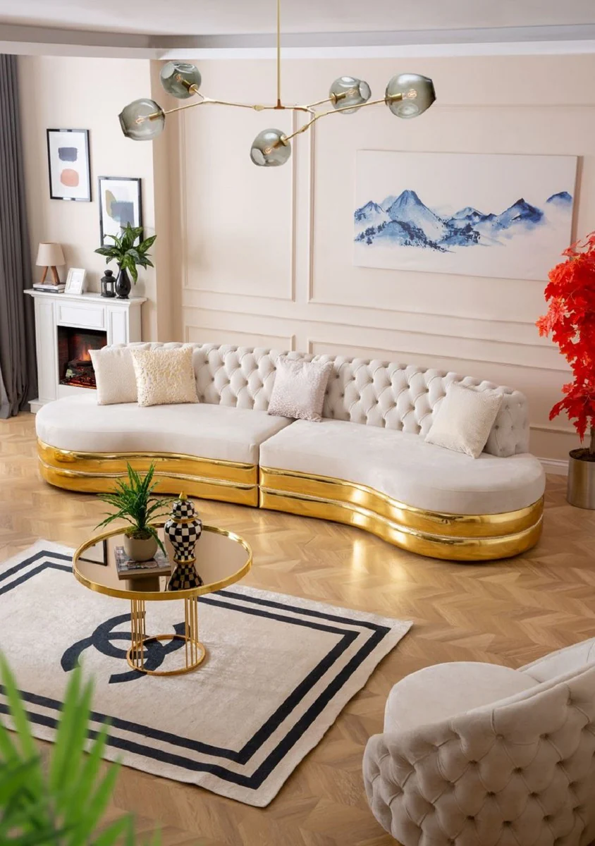 Luxus Chesterfield 4er Sofa Creme / Gold 340 x 105 x H. 82 cm - Gebogenes Chesterfield Wohnzimmer Sofa - Wohnzimmer Möbel - Chesterfield Möbel - Luxus Möbel - Luxus Einrichtung