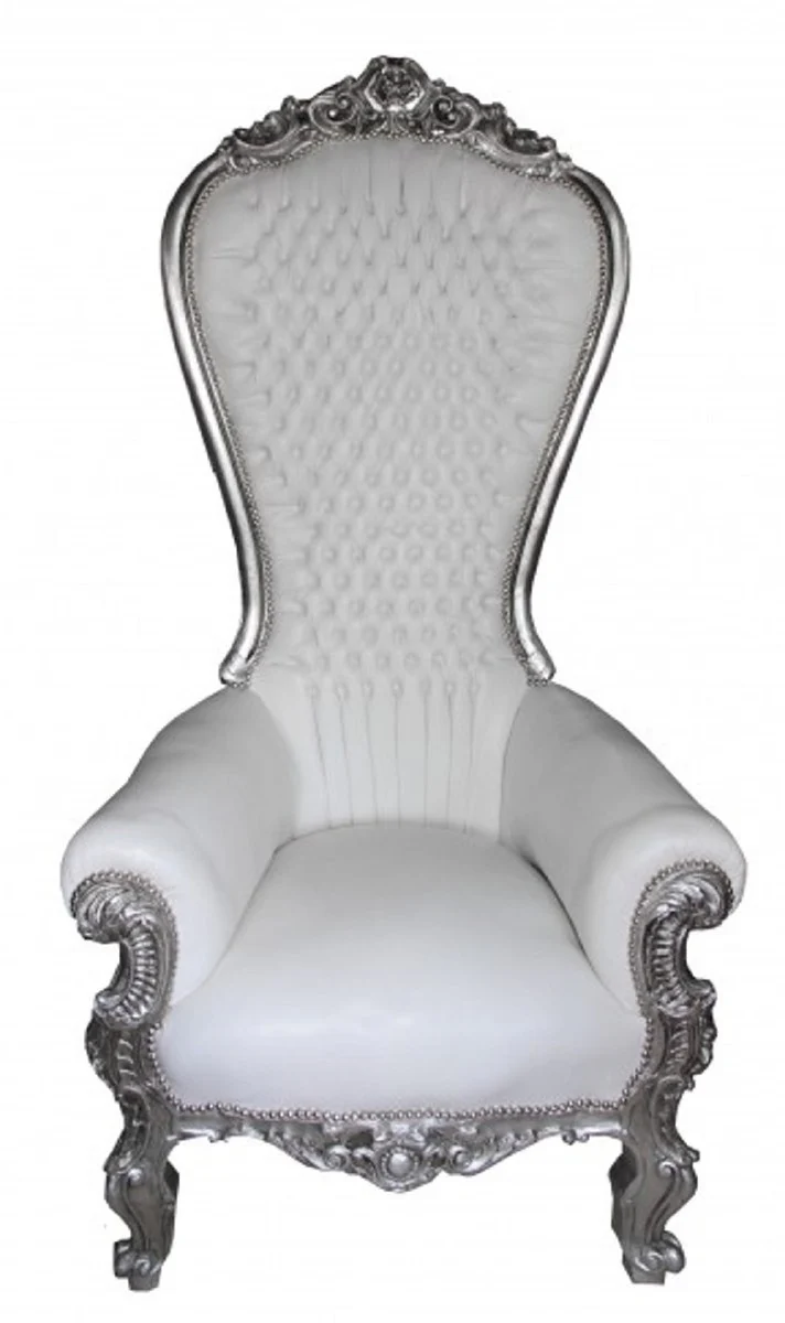 Barock Thron Sessel mit Kunstleder Weiß / Silber - Handgefertigter Königssessel - Prunkvoller Hochzeitssessel - Barock Riesensessel - Barock Möbel