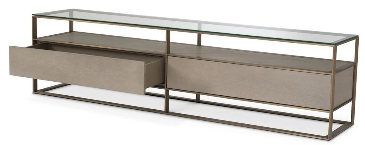 Luxus Fernsehschrank 220 x 46 x H. 56,5 cm - Sideboard mit Glasplatte und 2 Schubladen - Luxus Wohnzimmer Möbel