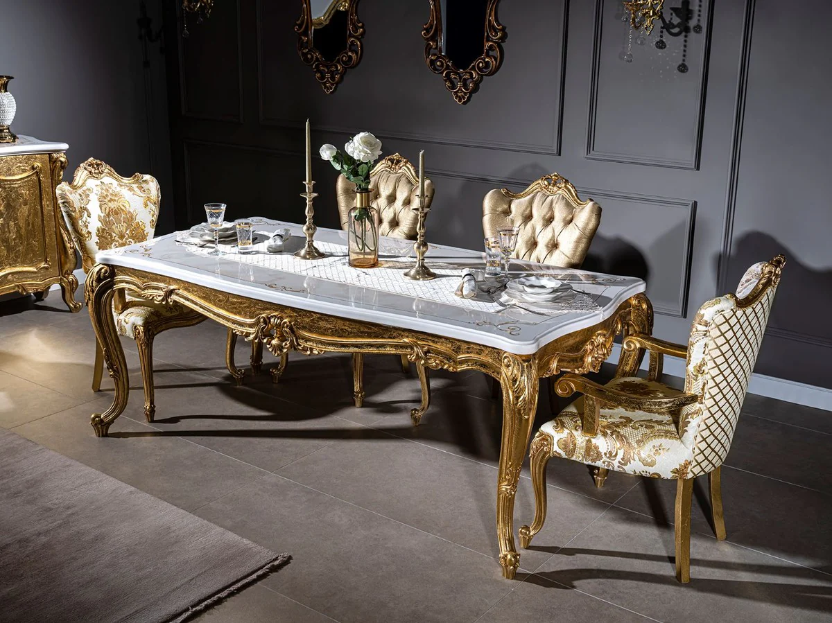 Luxus Barock Esszimmerstuhl Set Weiß / Gold - 6 handgefertigte Küchen Stühle mit Armlehnen und elegantem Muster - Barock Esszimmer Möbel - Edel & Prunkvoll