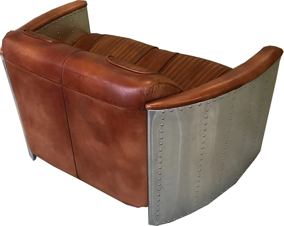 Luxus Art Deco Leder Sofa 122 x 70 x H. 82 cm - Verschiedene Farben - Aluminium Wohnzimmer Sofa mit Echtleder - Aluminium Flugzeug Flieger Sofa Möbel
