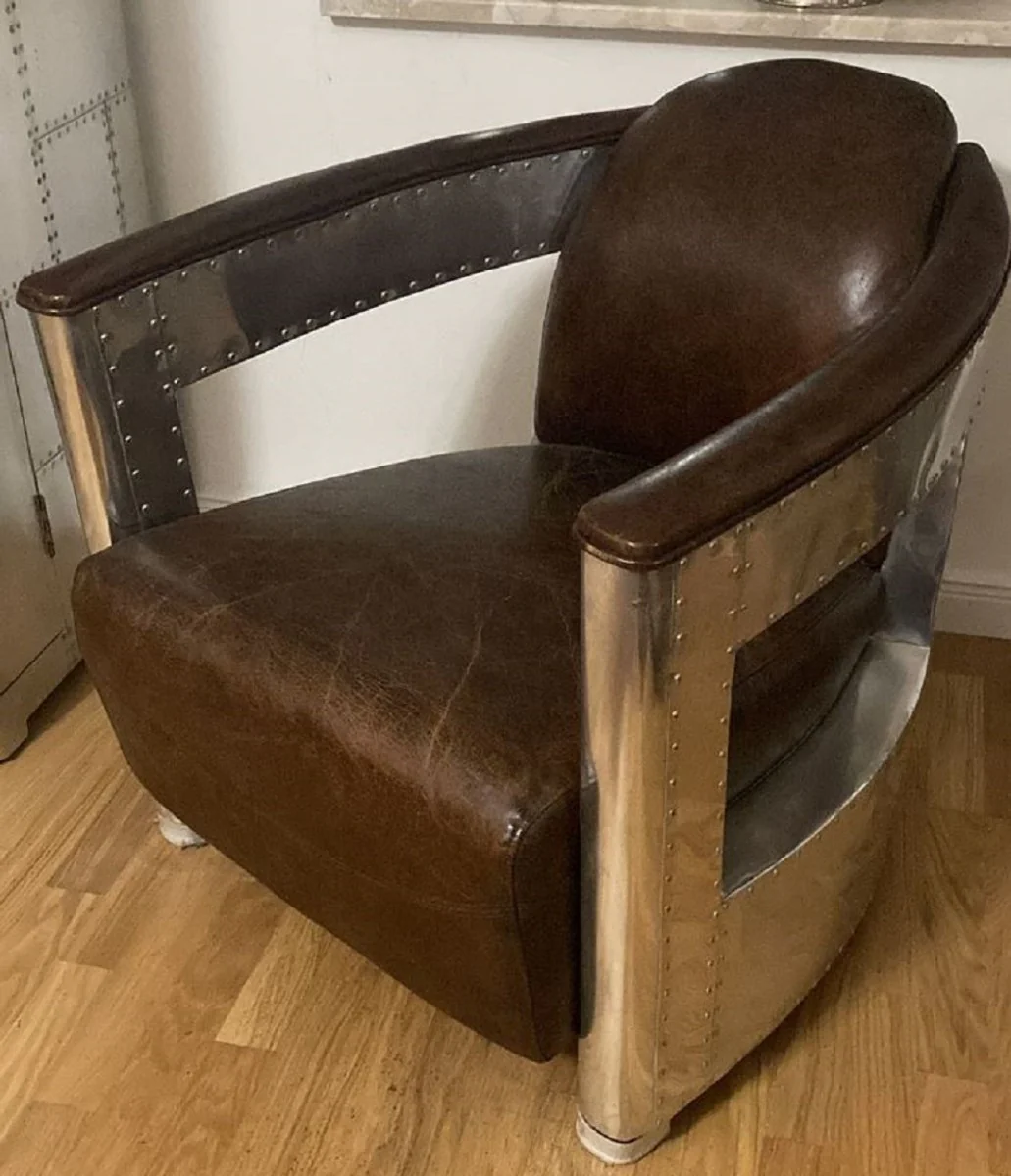 Luxus Art Deco Leder Sessel Vintage Dunkelbraun / Silber - Aluminium Wohnzimmer Sessel mit hochwertigem Echtleder - Lounge Sessel - Flugzeug Flieger Echtleder Möbel - Luxus Möbel