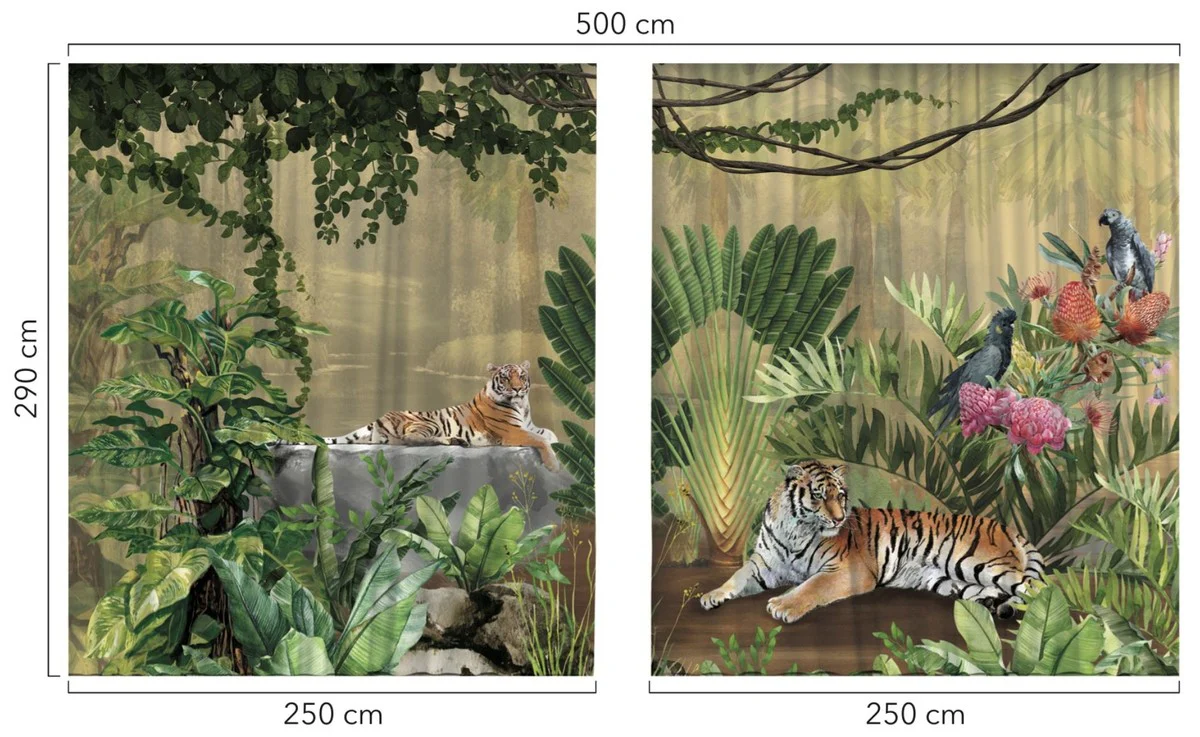 Luxus Vorhang Set Dschungel & Tiger Mehrfarbig 250 x H. 290 cm - Bedruckte Leinen & Samt Vorhänge - Ösenvorhänge - Schiebevorhänge - Wohnzimmer Schlafzimmer Vorhänge