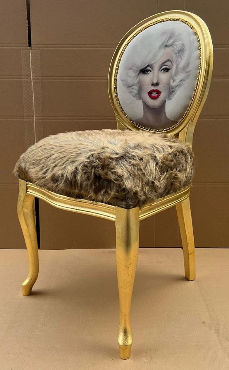Luxus Barock Esszimmer Stuhl Marilyn Monroe Braun / Mehrfarbig / Gold - Handgefertigter Pop Art Designer Stuhl mit Kunstfell - Barock Esszimmer Möbel