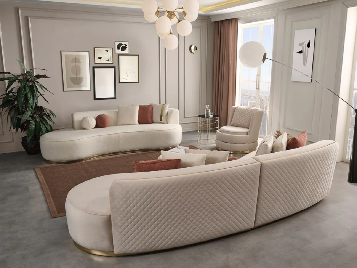 Luxus Sofa Creme / Gold 270 x 120 x H. 76 cm - Gebogenes Wohnzimmer Sofa - Hotel Sofa - Wohnzimmer Möbel - Hotel Möbel - Luxus Möbel - Luxus Einrichtung - Wohnzimmer Einrichtung