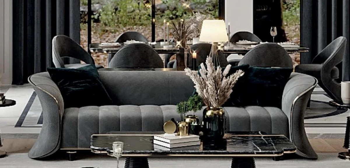 Luxus Sofa Grau / Gold 260 x 100 x H. 79 cm - Wohnzimmer Sofa - Hotel Sofa - Wohnzimmer Möbel - Hotel Möbel - Luxus Möbel - Wohnzimmer Einrichtung - Luxus Einrichtung