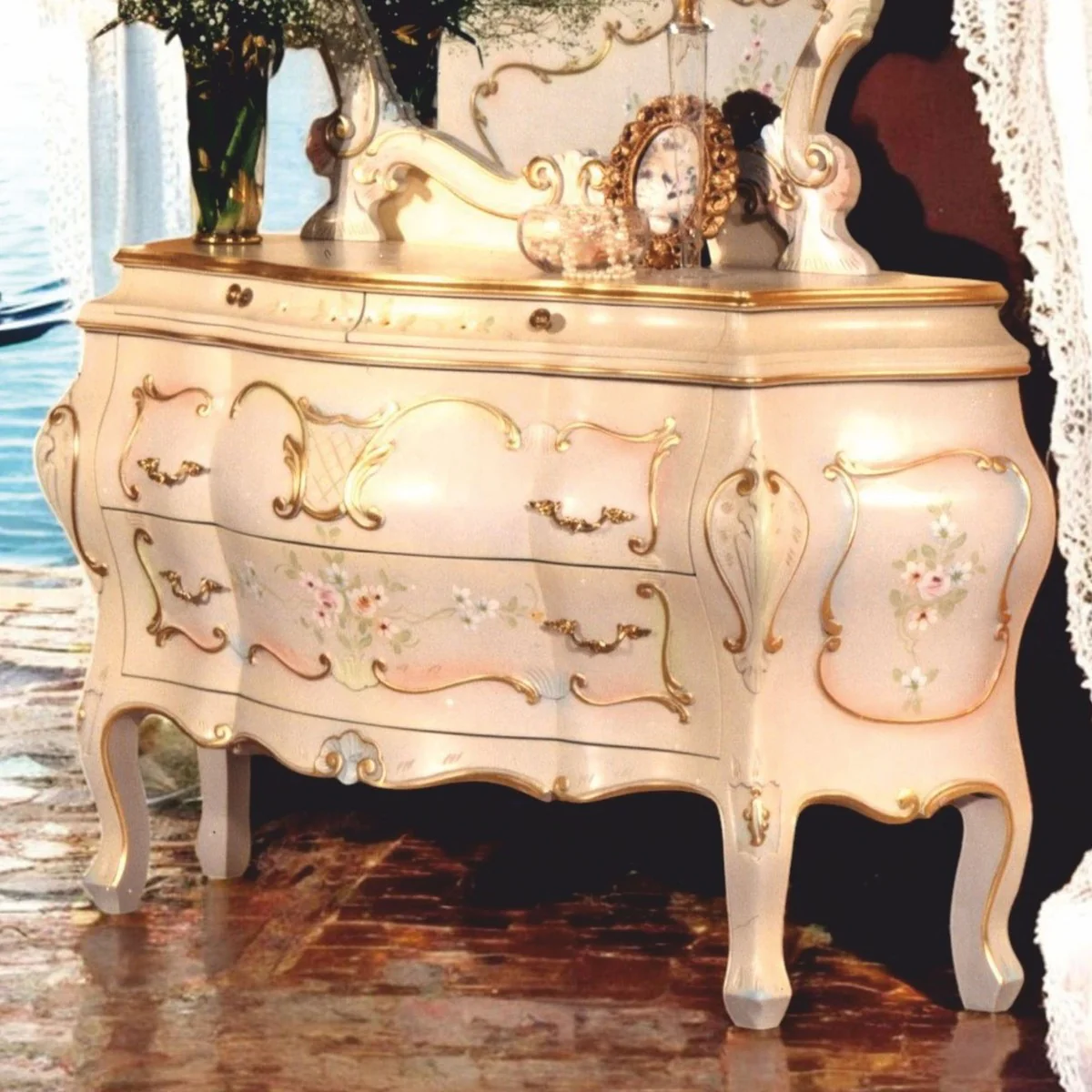 Luxus Barock Schlafzimmer Kommode mit 4 Schubladen Elfenbein / Gold - Made in Italy