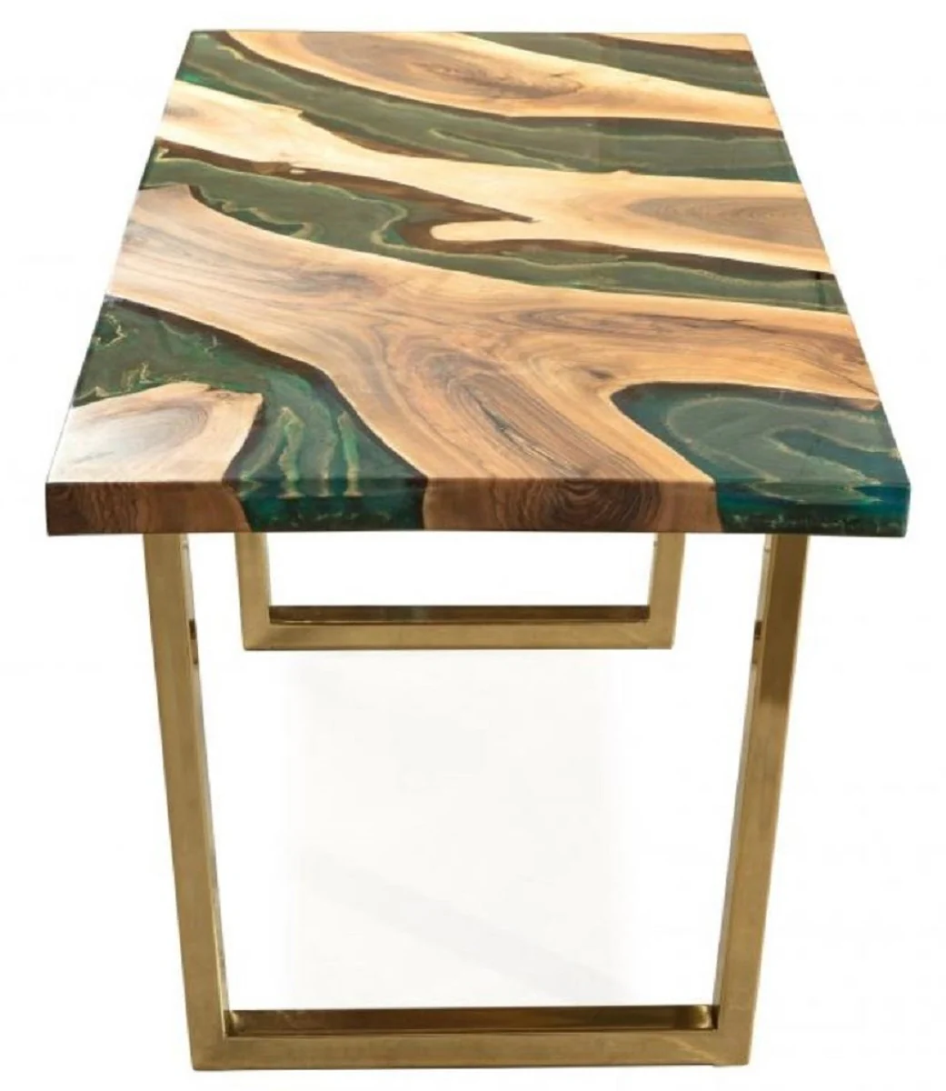 Luxus Esstisch Naturfarben / Braun / Grün / Gold 160 x 80 x H. 76 cm - Rechteckiger Küchentisch mit Epoxiharz - Esszimmer Möbel - Epoxiharz Möbel - Luxus Möbel