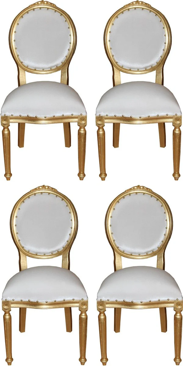 Luxus Barock Esszimmer Set Medaillon Weiß / Gold 50 x 52 x H. 99 cm - 4 handgefertigte Esszimmerstühle - Barock Esszimmermöbel