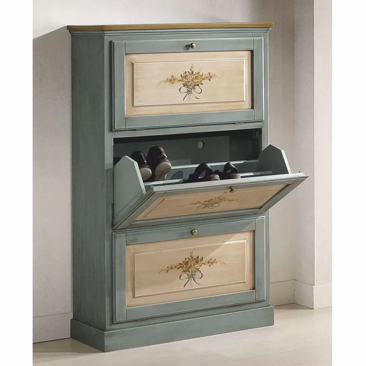 Luxus Barock Schuhschrank Blau / Naturfarben / Braun H. 130 cm - Made in Italy