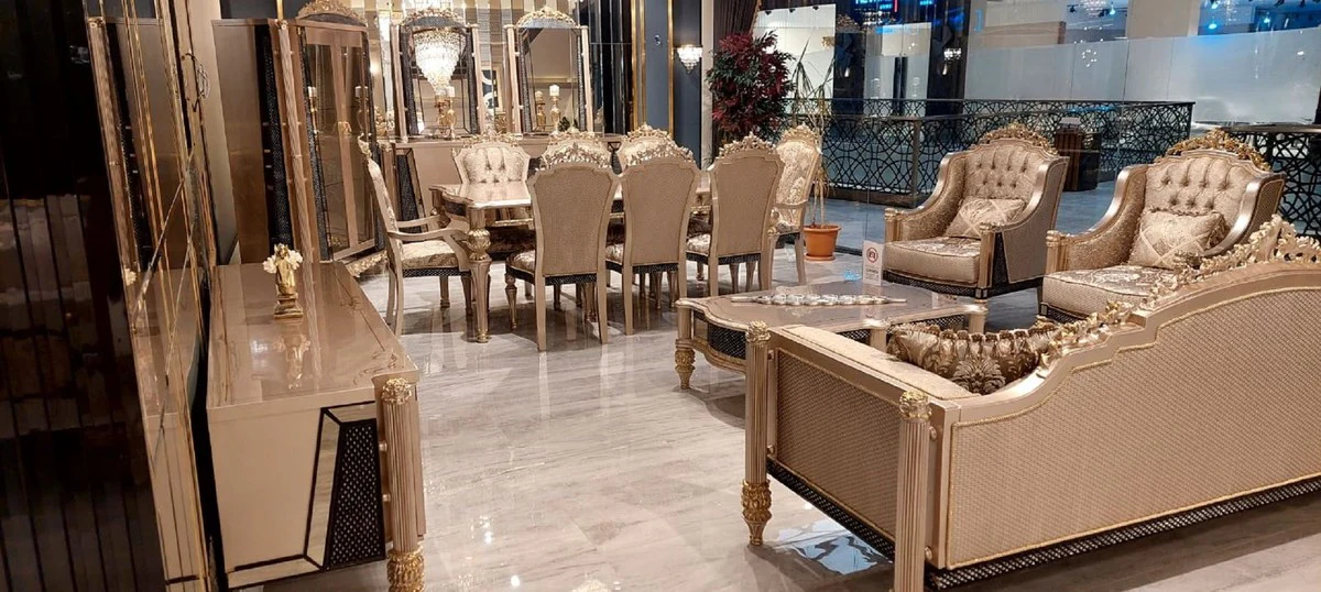 Luxus Barock Couchtisch Grau / Schwarz / Gold - Handgefertigter Massivholz Wohnzimmertisch im Barockstil - Wohnzimmer Möbel im Barockstil - Barock Möbel - Edel & Prunkvoll