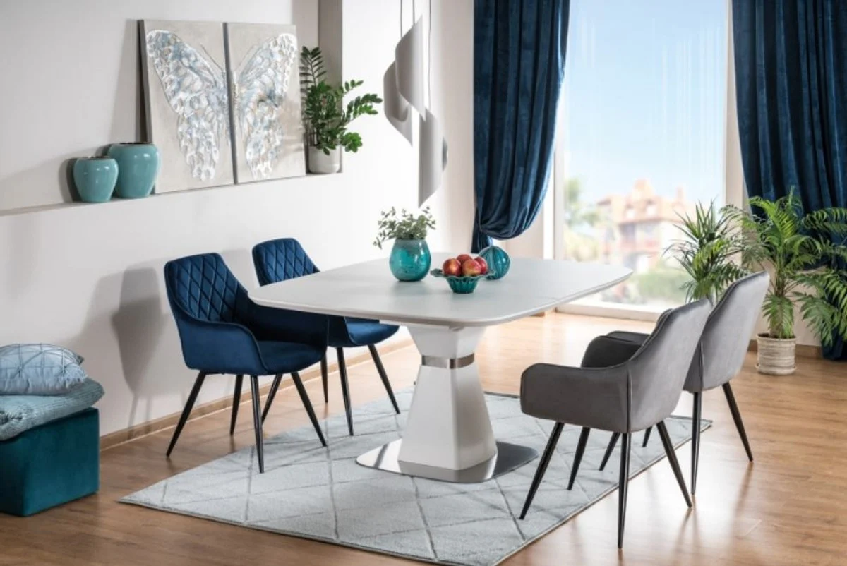 Luxus Esstisch Matt Weiß / Silber 120-160 x 120 x H. 76 cm - Moderner ausziehbarer Esszimmertisch mit gehärteter Glasplatte - Esszimmer Möbel