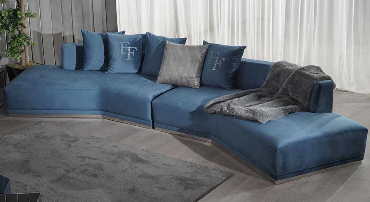 Luxus Sofa Blau / Silber 480 x 100 x H. 70 cm - Gebogenes Wohnzimmer Sofa - Hotel Sofa - Wohnzimmer Möbel - Hotel Möbel - Luxus Möbel - Luxus Einrichtung