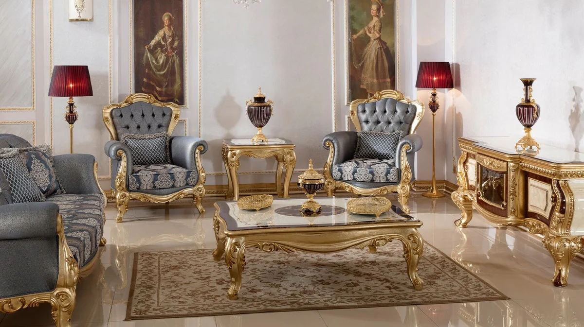Luxus Barock Couchtisch Weiß / Braun / Gold - Prunkvoller Massivholz Wohnzimmertisch im Barockstil - Barock Wohnzimmer Möbel - Edel & Prunkvoll