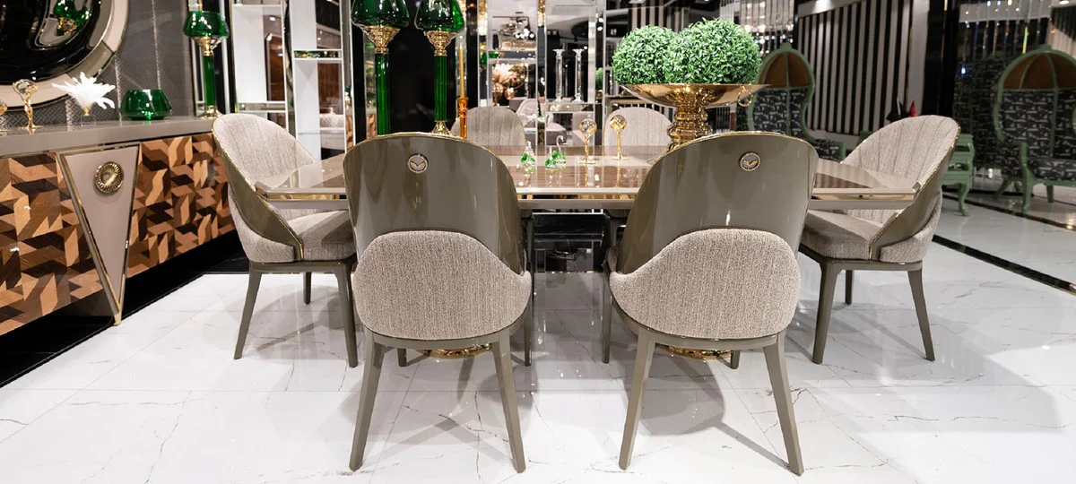 Luxus Esstisch Grau / Braun / Gold - Rechteckiger Luxus Küchentisch - Esszimmer Möbel - Luxus Möbel