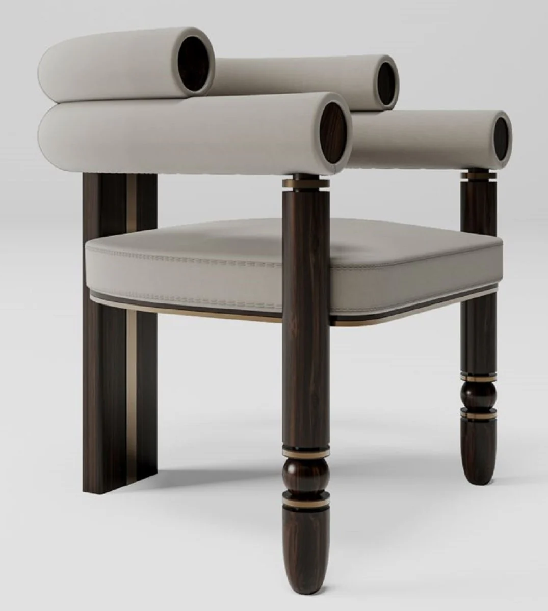 Luxus Samt Esszimmer Stuhl mit Armlehnen Grau / Dunkelbraun / Messing 69 x 63 x H. 72 cm - Küchen Stuhl mit edlem Samtstoff - Esszimmer Möbel - Luxus Möbel