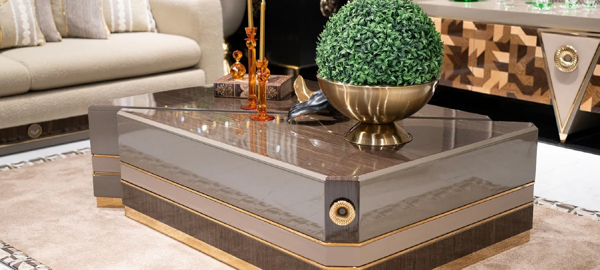 Luxus Couchtisch 2er Set Braun / Grau / Gold - Luxus Massivholz Wohnzimmertische - Wohnzimmer Möbel - Luxus Möbel