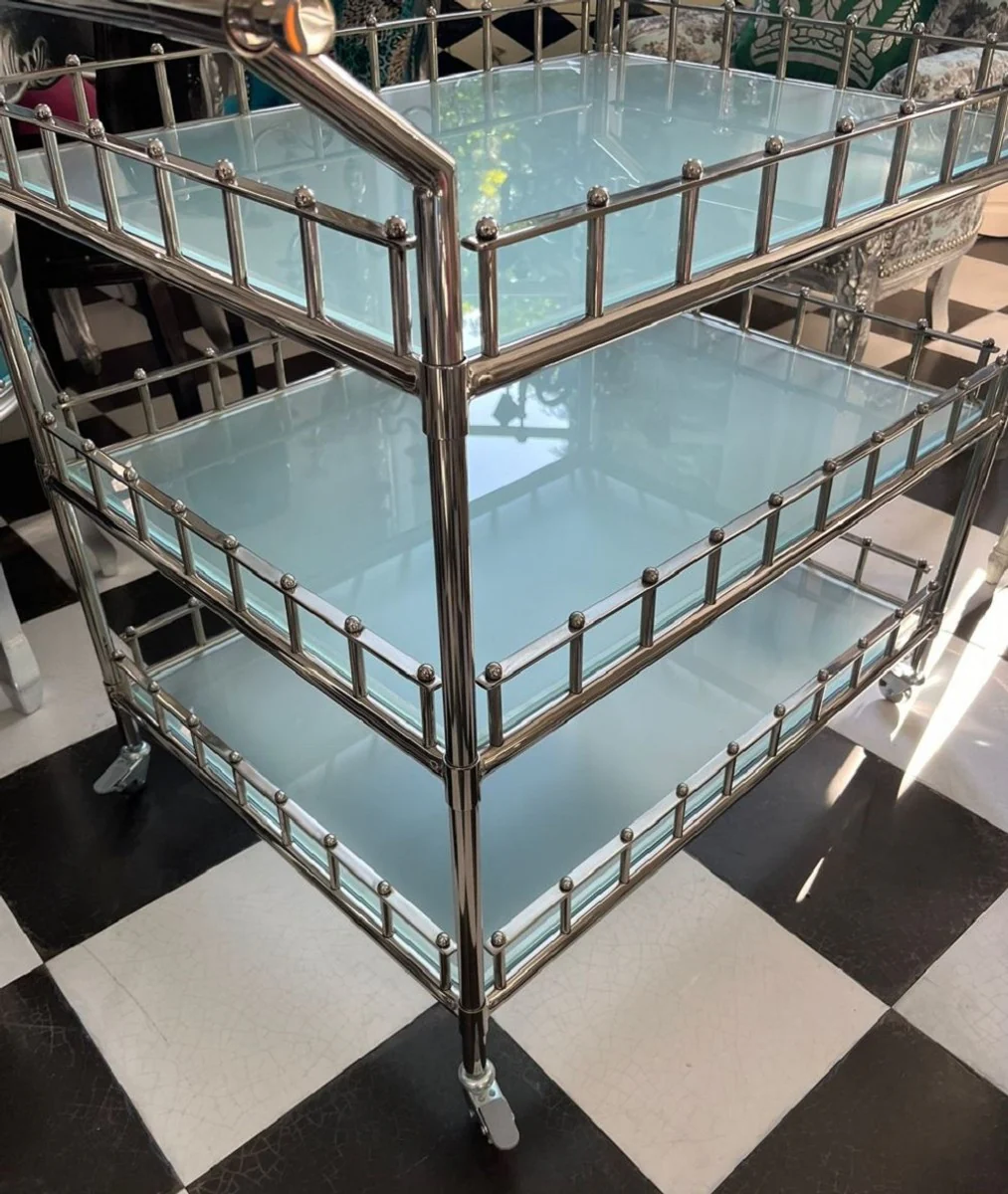 Luxus Trolley Silber 102 x 71,5 x H. 90,5 cm - Edelstahl Servierwagen mit Glasplatten - Hotel Restaurant Gastronomie Trolley - Hotel & Restaurant Accessoires