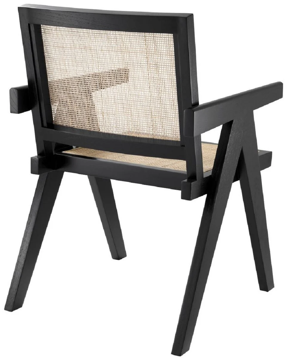 Luxus Esszimmerstuhl Schwarz / Naturfarben 57 x 65,5 x H. 90 cm - Massivholz Stuhl mit Armlehnen und handgewebtem Rattangeflecht - Luxus Esszimmer Möbel