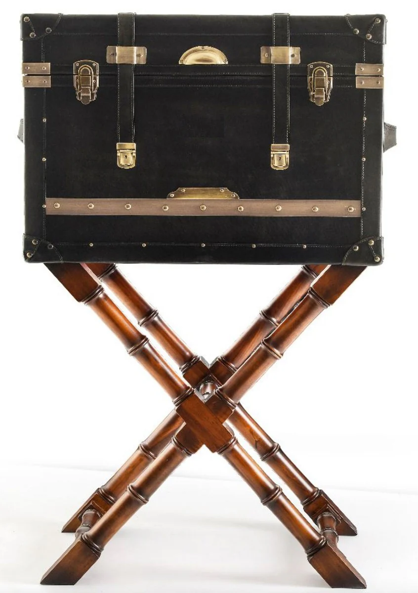 Luxus Minibar in Koffer Optik Schwarz / Braun / Messing 62 x 42 x H. 99 cm - Minibar mit edlem Echtleder - Bar Möbel - Luxus Möbel in Koffer Optik