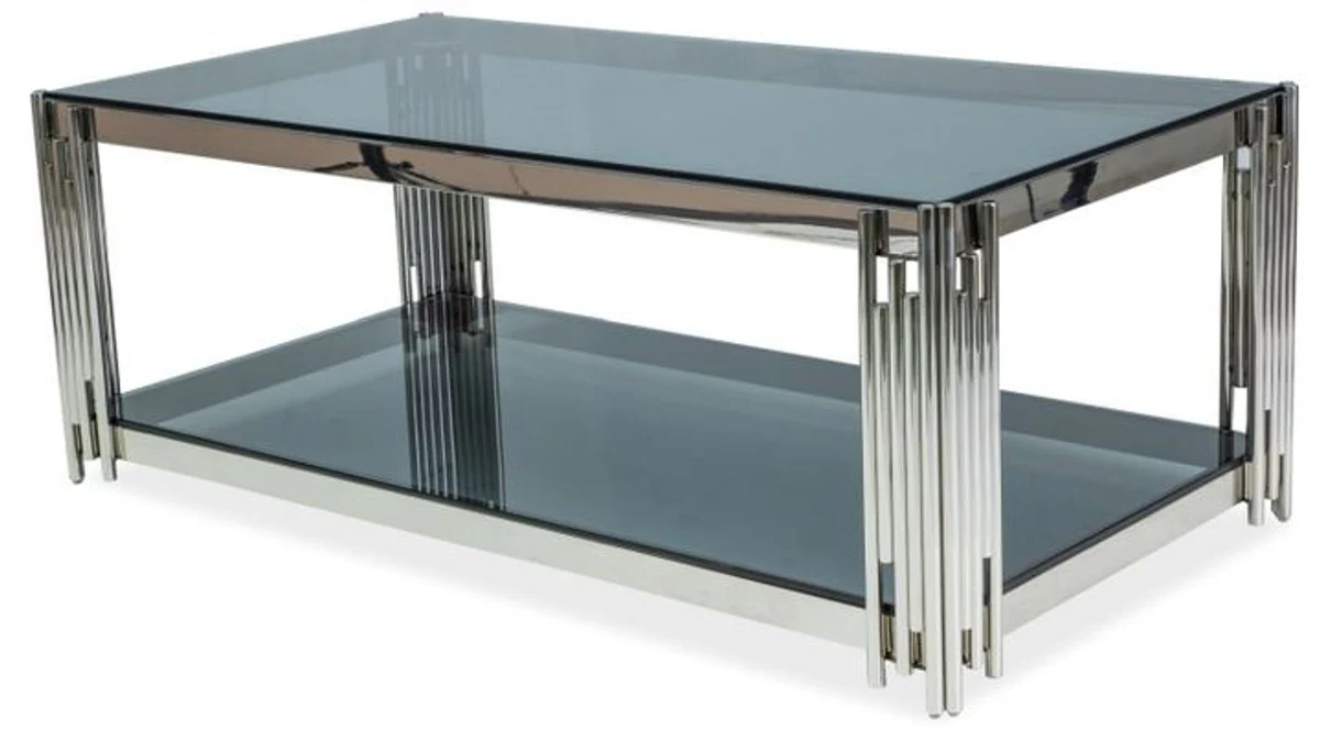 Luxus Couchtisch Silber / Schwarz 120 x 60 x H. 40 cm - Edelstahl Wohnzimmertisch mit getönten Glasplatten - Luxus Möbel