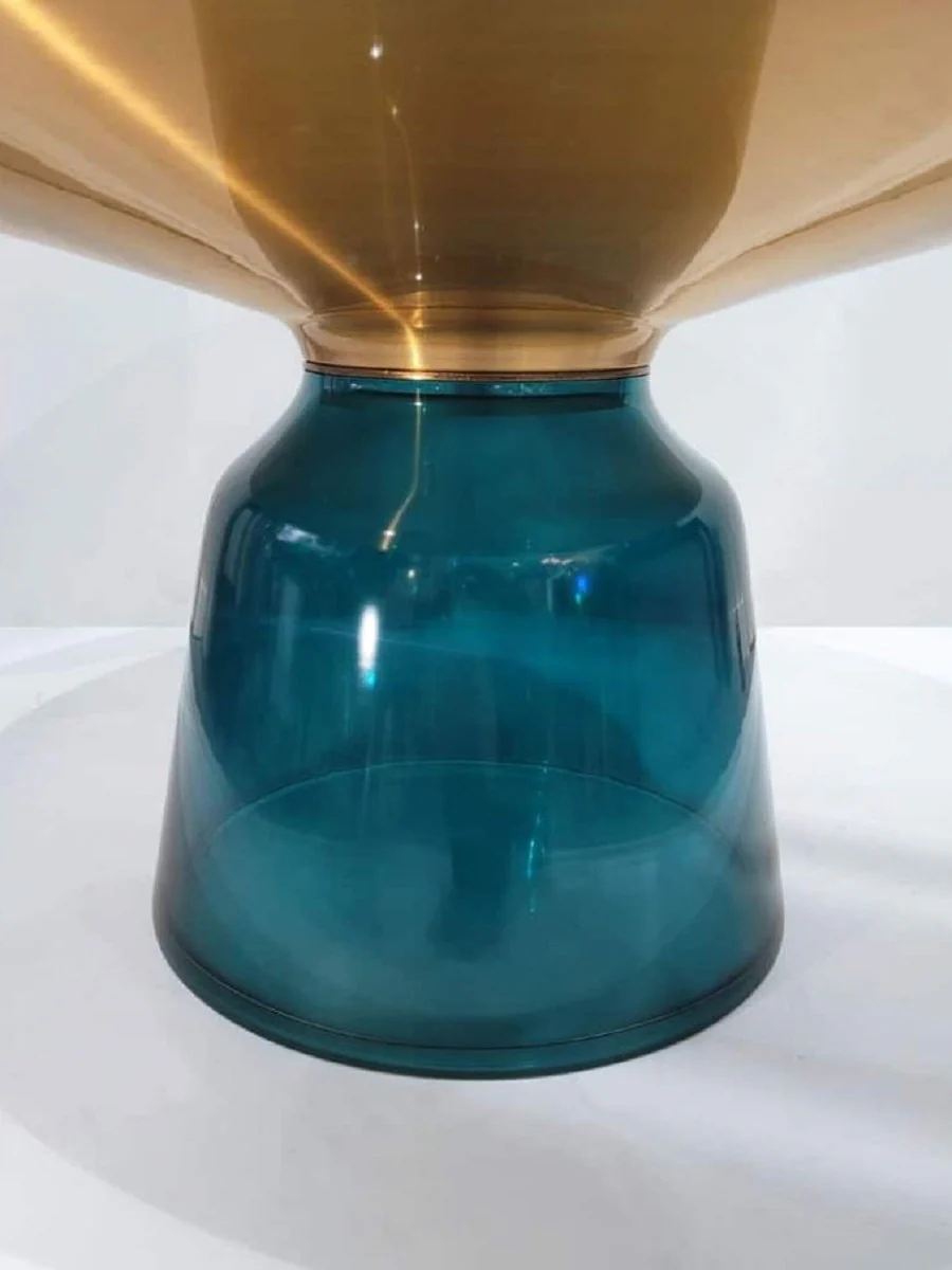 Luxus Couchtisch Schwarz / Gold / Blau Ø 75 x H. 37 cm - Runder Glas Wohnzimmertisch - Wohnzimmer Möbel - Luxus Möbel