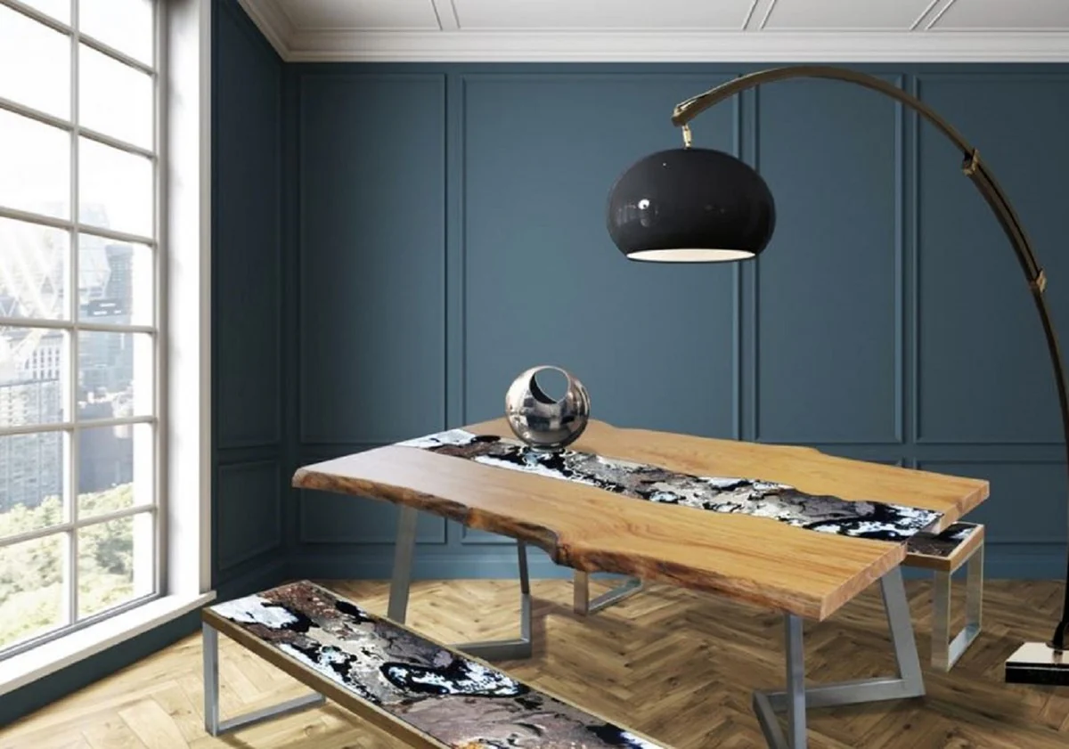 Luxus Esstisch Naturfarben / Mehrfarbig / Silber 200 x 100 x H. 75 cm - Moderner Massivholz Tisch mit edlem Lavastein und Edelstahl Gestell - Esszimmmer Möbel - Luxus Qualität