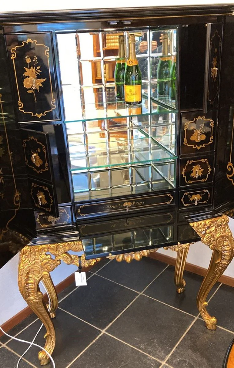 Luxus Barock Barschrank Schwarz / Mehrfarbig / Gold - Prunkvoller Massivholz Schrank mit LED Beleuchtung - Barock Wohnzimmer Möbel - Barock Bar Möbel - Barock Hotel Möbel