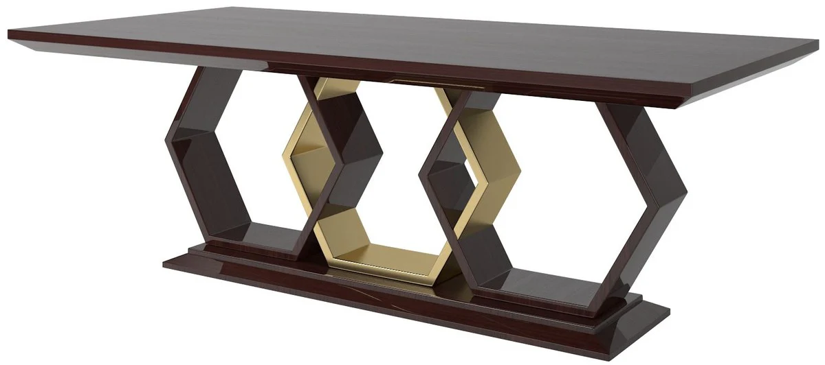 Designer Esstisch Dunkelbraun Hochglanz / Gold 220 x 110 x H. 77 cm - Edler Rechteckiger Massivholz Küchentisch - Luxus Qualität